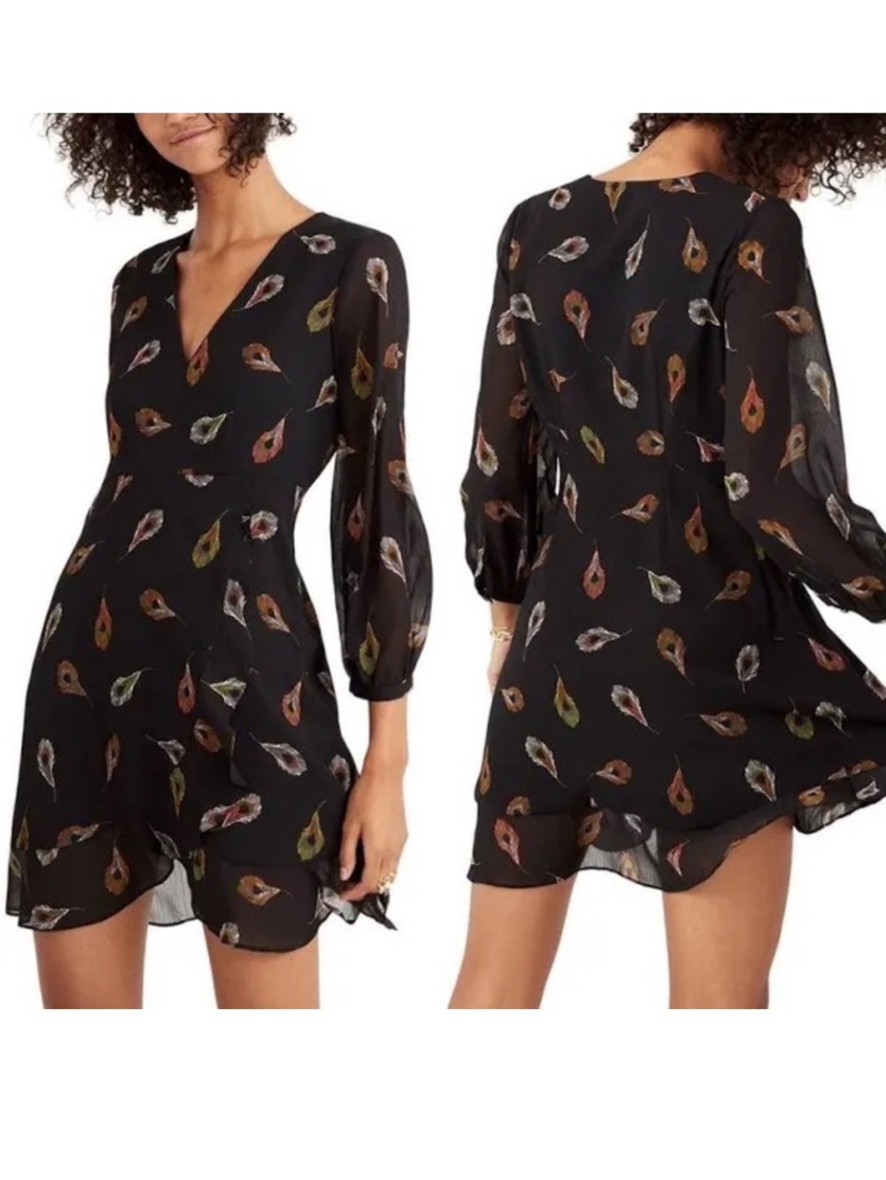 Madewell Black Mini Dress with Feathers Flowy Long Sleeve size 00